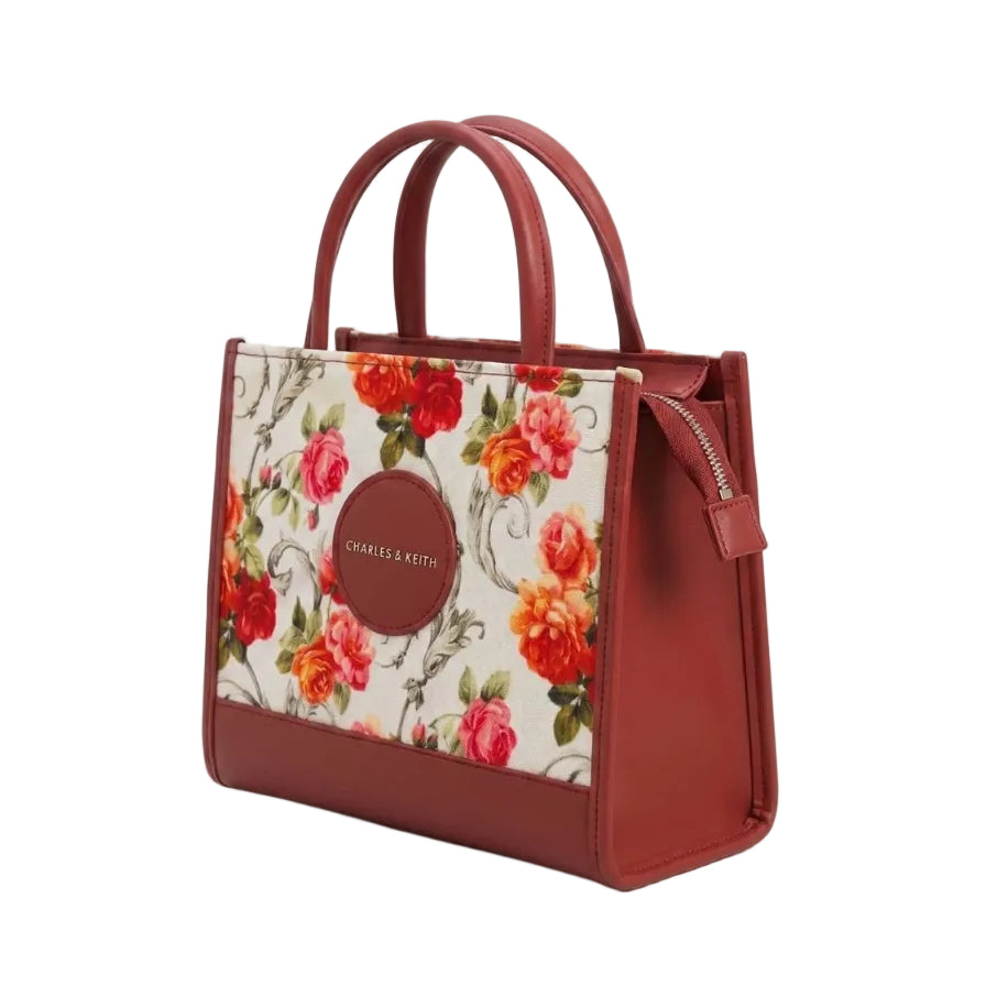 Vintage Floral Print Structured Tote Bag